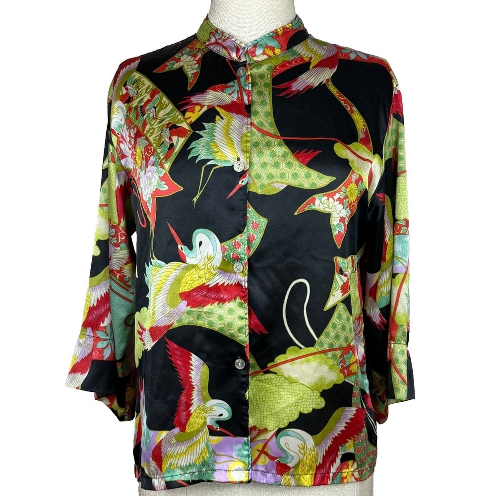 Natori Pajama Top Women Small Black Crane Print 3/4 Sleeve Mandarin Collar Silky